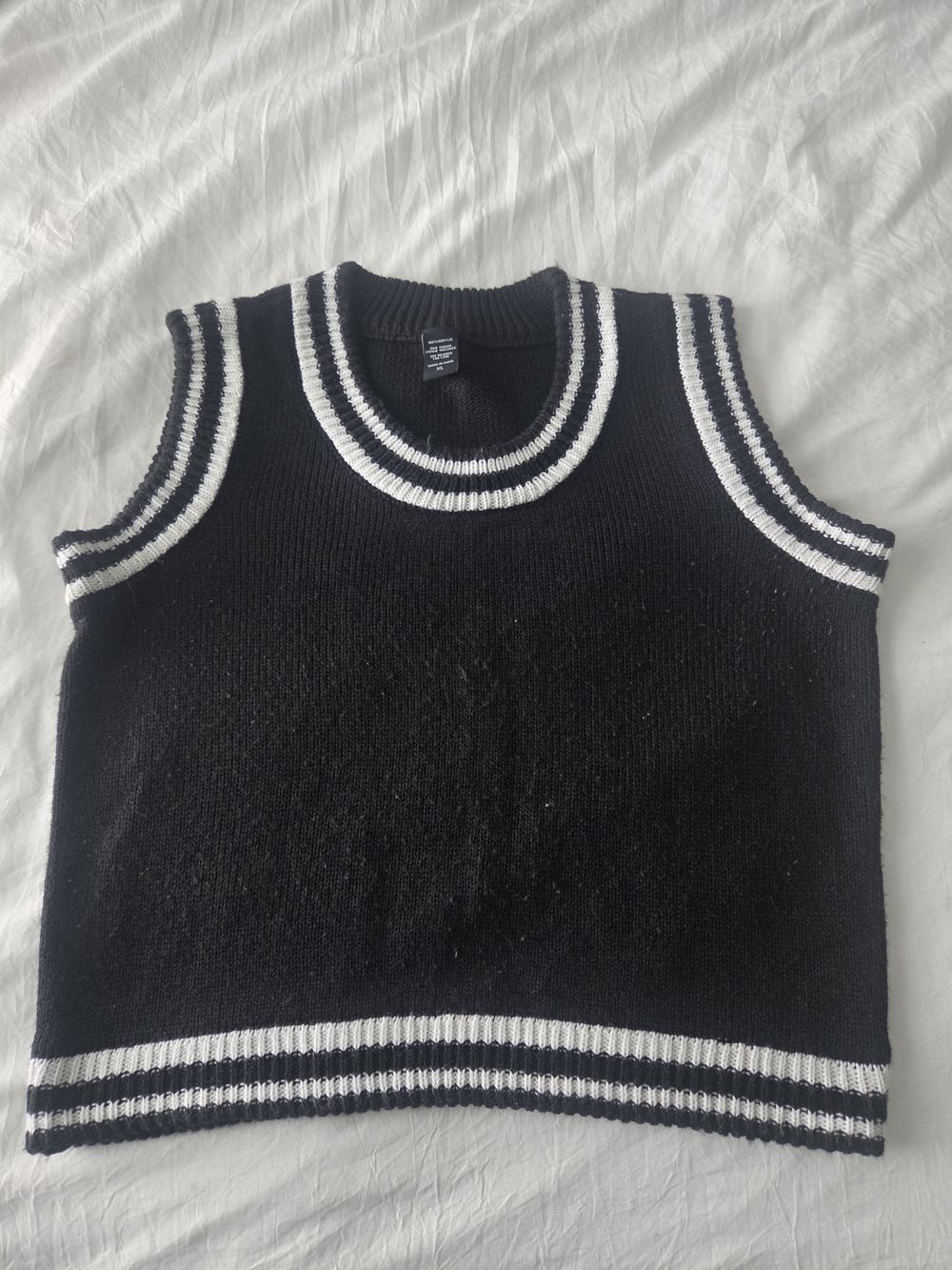 Black Knit Sleeveless Sweater Vest with White Stripe Trim